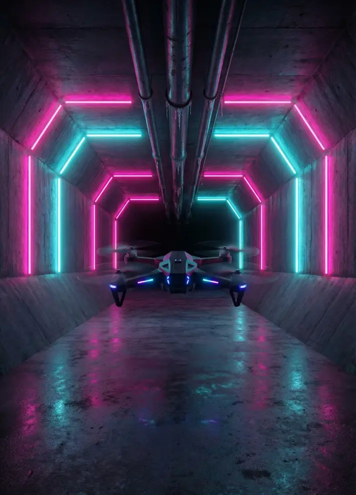 Drone in stable hover inside concrete tunnel